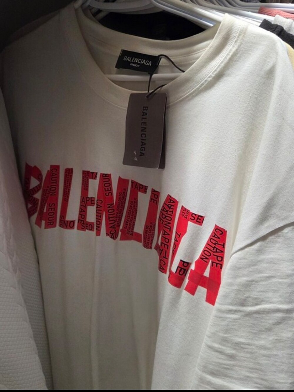 Balenciaga White Short-Sleeve T-Shirt with Red Logo Tape Graphic